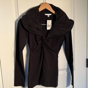 NWT Cabi Top Shirt Style #143 Black Taffeta Ruffled Cinema Opera Stretch